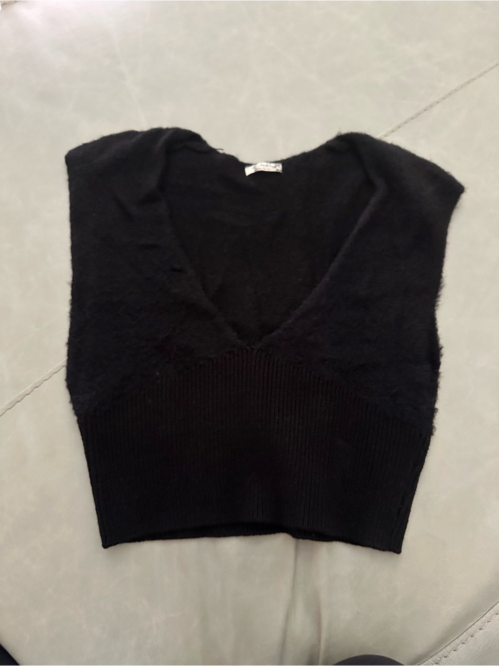 Free People Black Fuzzy Knit Deep V-Neck Crop Shirt